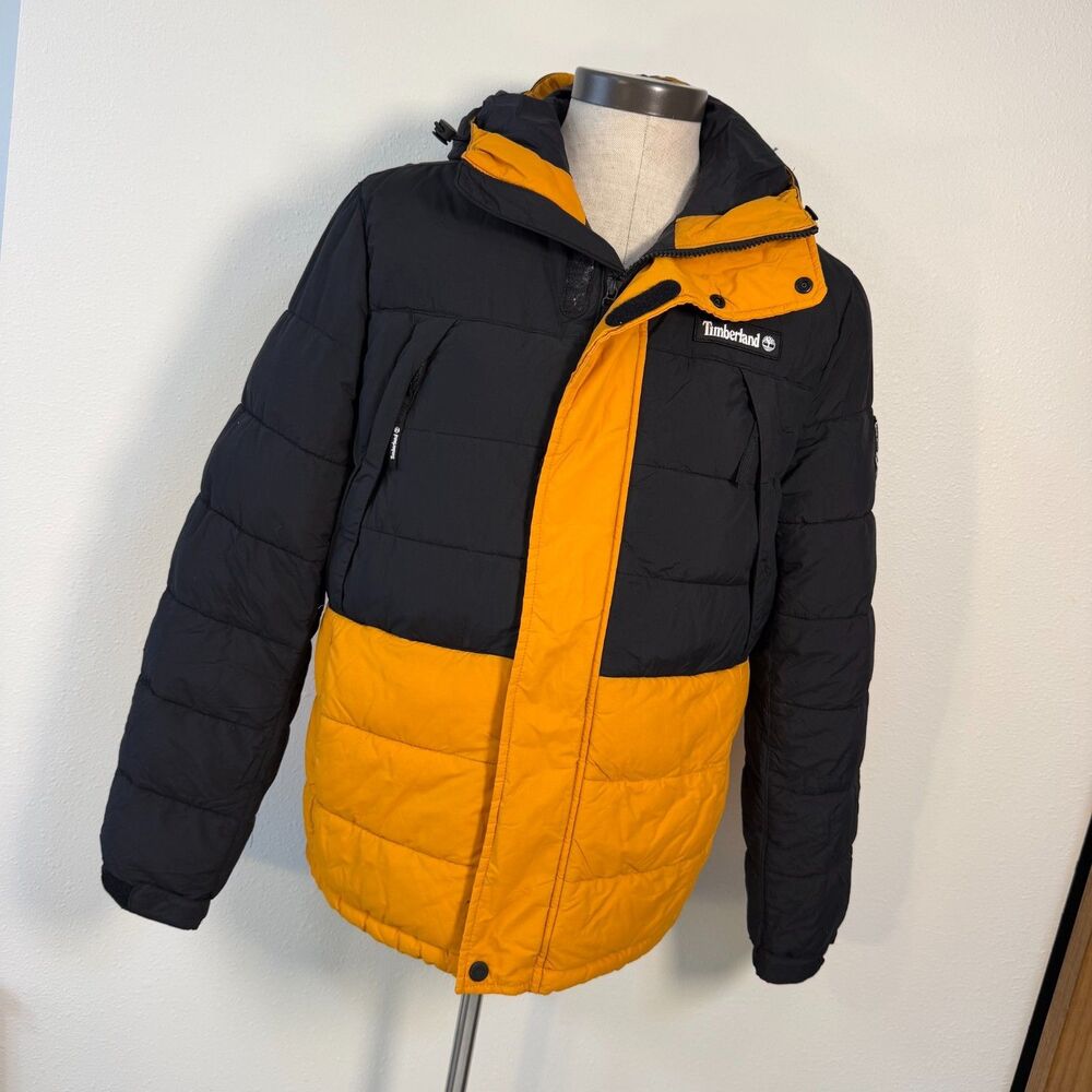 Vintage Y2K Timberland Mens M Puffer Jacket Black Wheat Hooded Colorblock